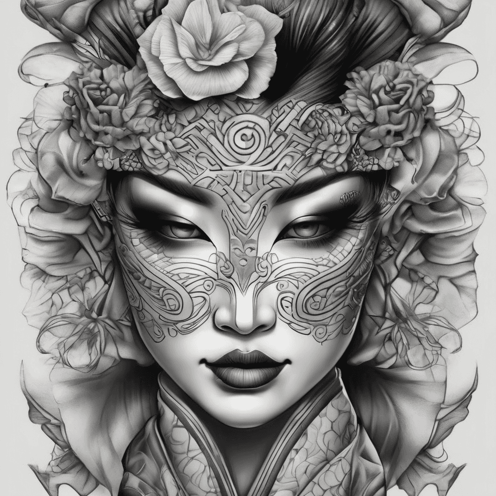 Occhio di geisha elegante e sexy con affianco maschera tradizionale con il volto arrabbiato che sfuma sulla metà e svanisce tratti eleganti
