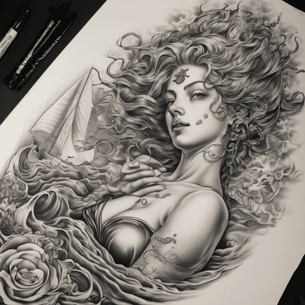 Neptune overlooking a ship ,spanish dancer, perfume bottle, chloe,11.08.2003 ,jpn,44, swallows clock, waves.