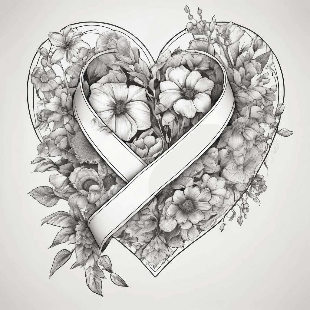 Fine line wild flowers hearts breast cancer ribbon