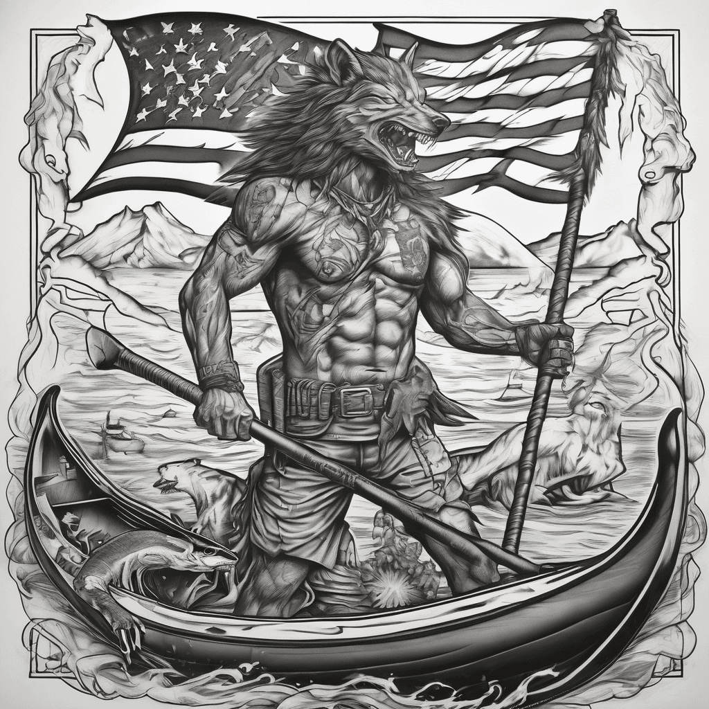 American Flag, Wolf showing teeth, snake and Taurus, nautical compass, Native American warrior holding a spear looking at a killer whale on a canoe with six ghost warrior’s paddling.