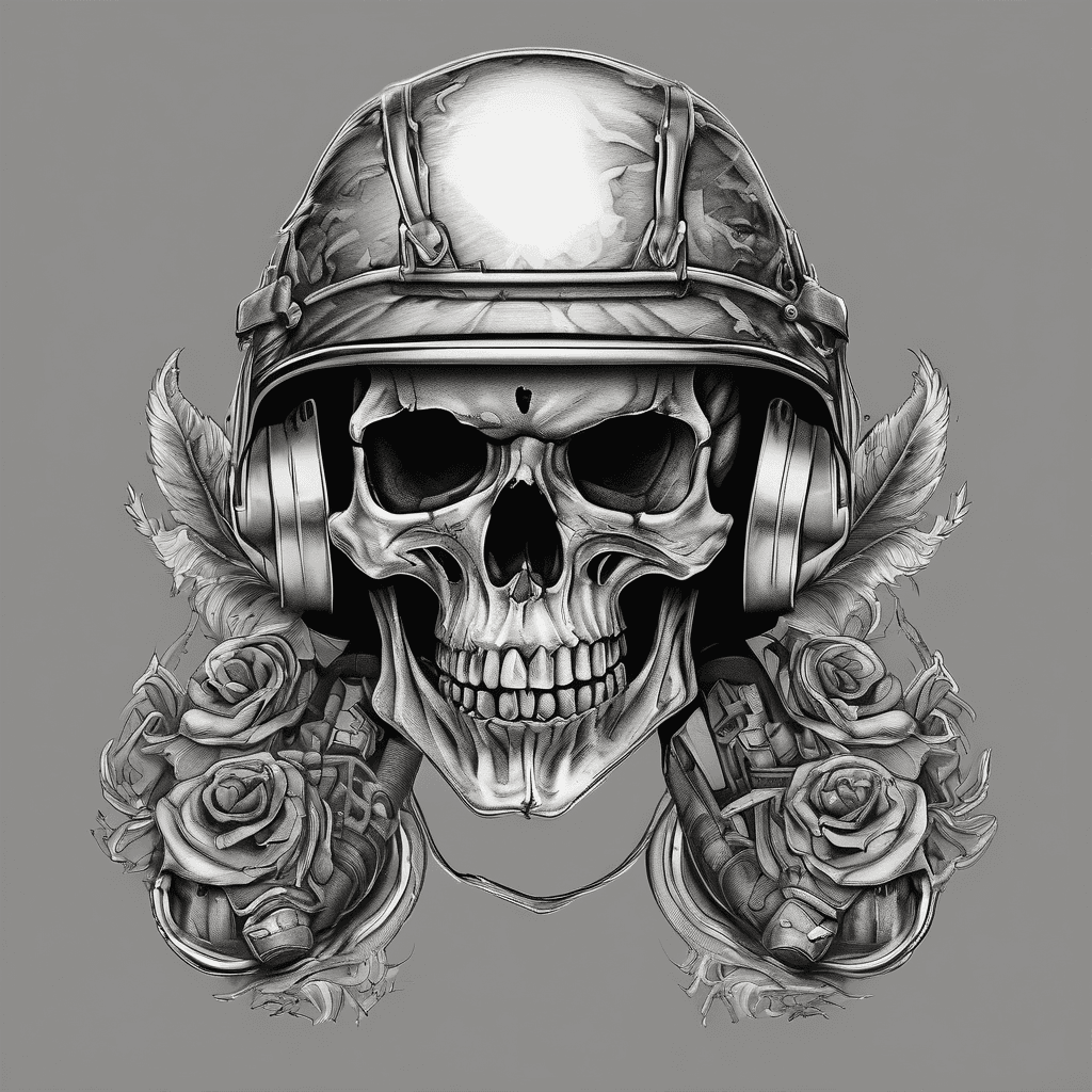 A burning skull he have a cigarette on his mouth and he has a war helmet on his head