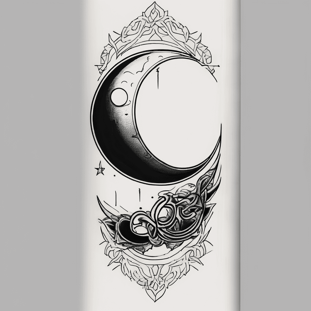 The moon and crescent from Turkish flag and Hakki in running writing on the outside of forearm