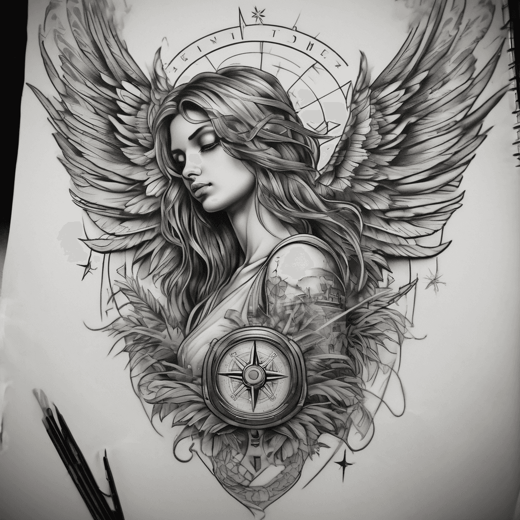 full arm, angel with big wings on top (shoulder), compass rose, nautical star, stras, palm tree