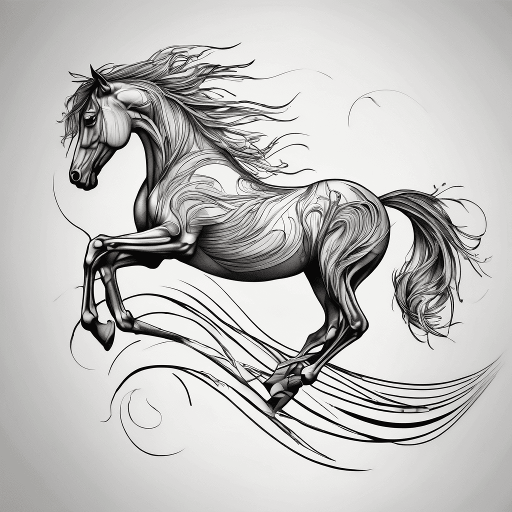 Create a minimalist black and gray tattoo design. A single continuous line forms the profile of a noble horse. Without lifting the line, it flows into a slender palm tree with a few graceful fronds, then curves into a simple ocean wave.”