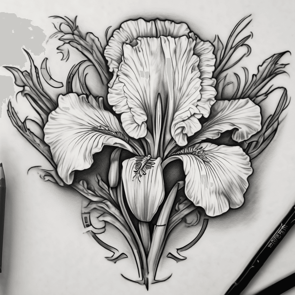 I want an Iris flower and a honeysuckle in the shape of an x with the letter 14 in Roman numerals on the stem