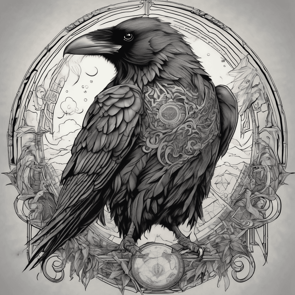 Create a fine-line black and gray tattoo inspired by The Ravenhood Trilogy by Kate Stewart. I want it to be symbolic rather than a direct illustration or include text from the books. The design should weave together a raven in flight, a rainy sky fading into sunshine to represent both the rainy and sunny days, a king chess piece as a central element, and subtle references to the words "whoosh" and "end" without making them the main focus. Make the composition feel emotional, mysterious, and bittersweet, with flowing branches, feathers, or clouds connecting each symbol. The tattoo should look elegant, feminine, and timeless, suitable for an upper arm, forearm, or thigh.