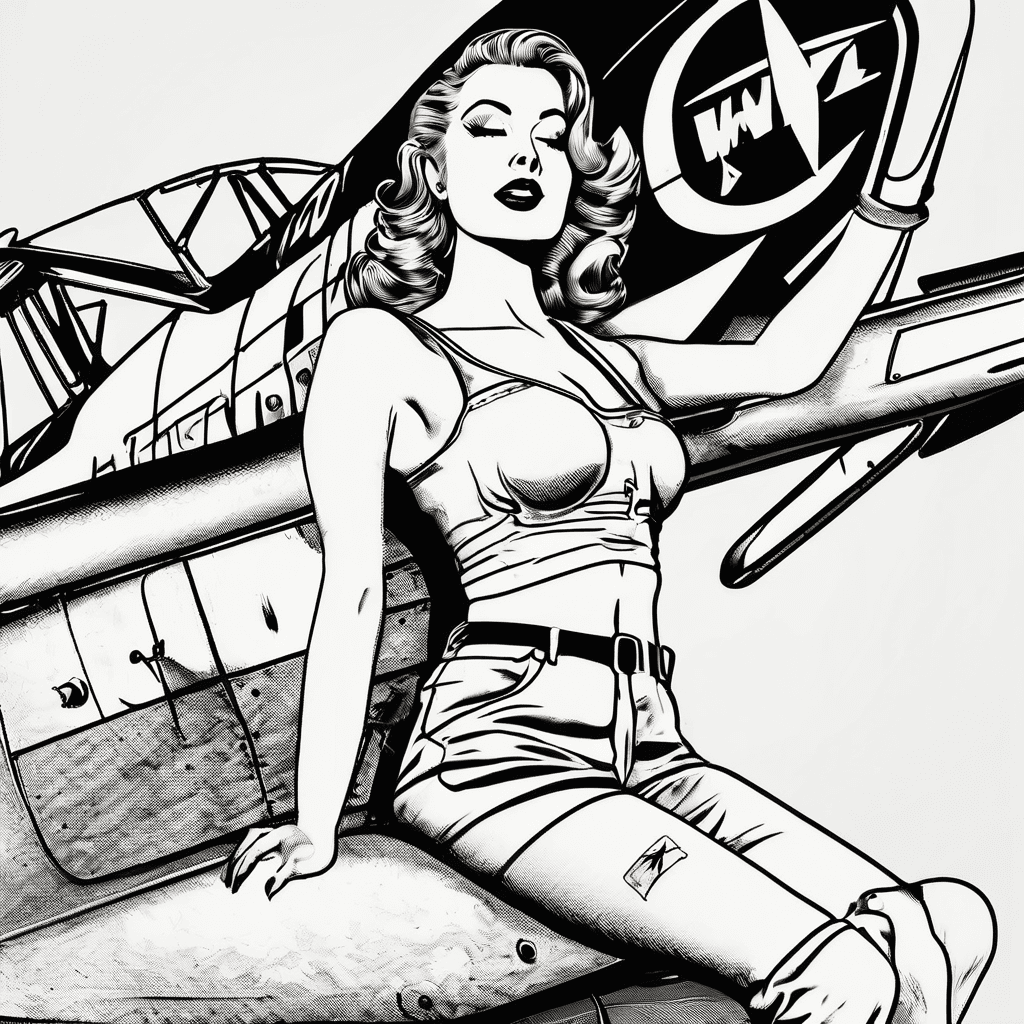 WWII airplan nose art of a pinup model sitting on / straddling a bomb