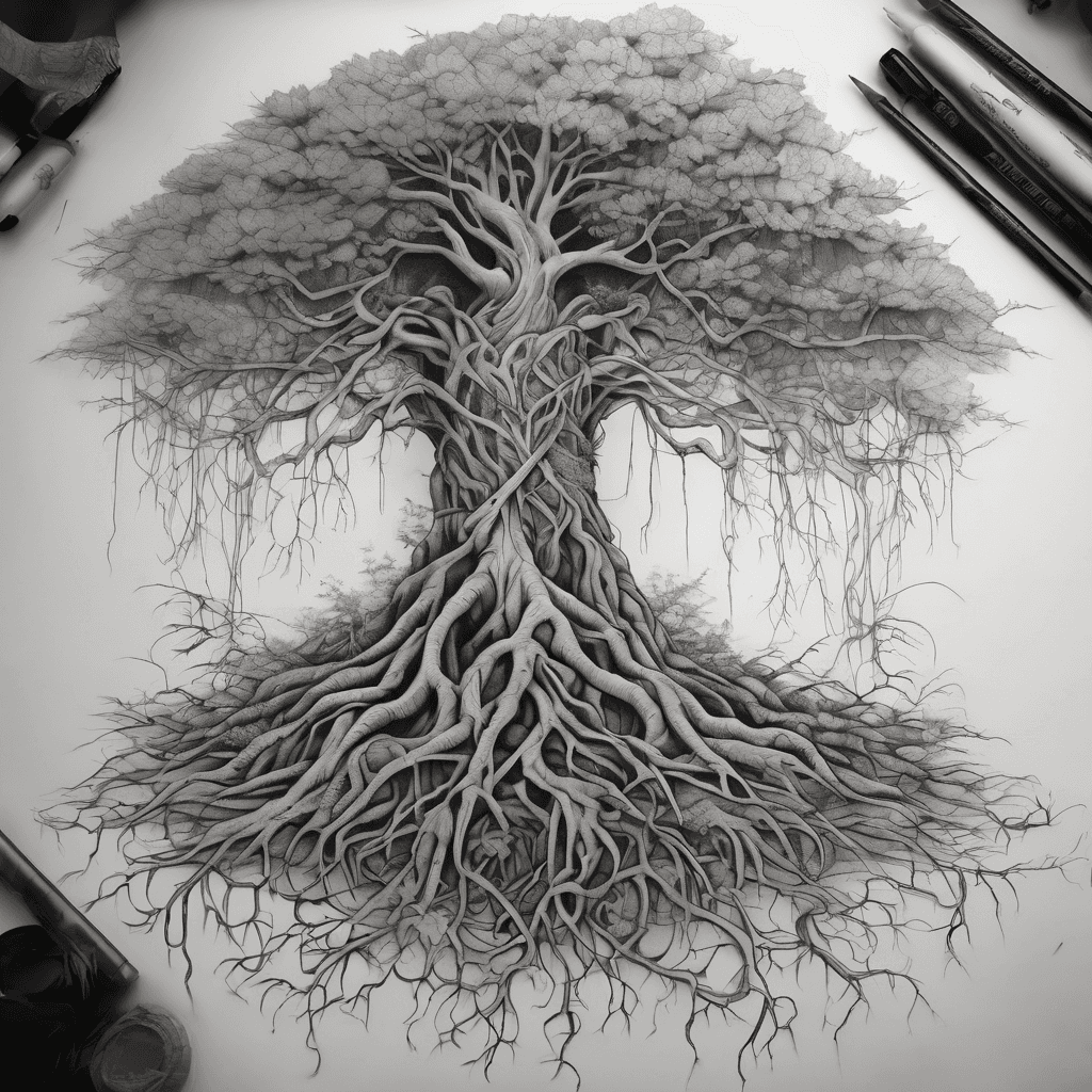 Blackwork tattoo design for a full back piece. A tree rendered as mostly root system: dense, tangled, asymmetrical dark roots occupying the lower half, forking and crossing, some thick and ropey, some thread-fine, a few broken and ending abruptly, emerging from shadow with no drawn ground line. Roots braid upward and converge into a single narrow trunk at the mid-back with open negative space around it. Above, sparse bare branches spread outward across the shoulder blades — minimal leaves, lots of visible skin, open and unfinished at the top. Fine linework and stippling texture, no solid fill, no colour, no outline border, edges fading softly. Vertical composition on a human back, trunk aligned to the spine, roots weighted heavier than the canopy. Organic and irregular, hand-drawn, high contrast between dense base and airy crown.