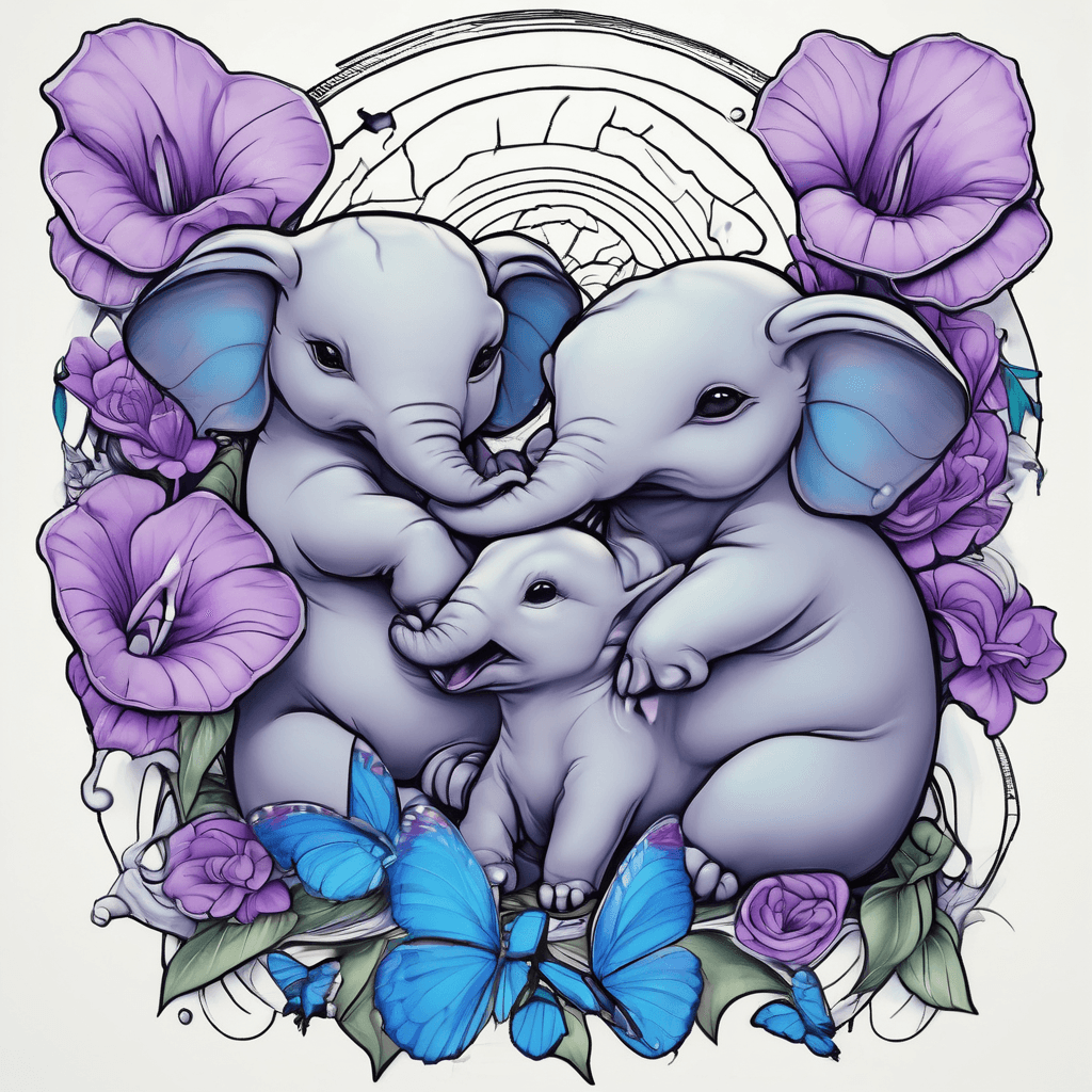 Color realism new school baby otter and baby elephant with blue to purple cala lilies and blue and purple butterflies