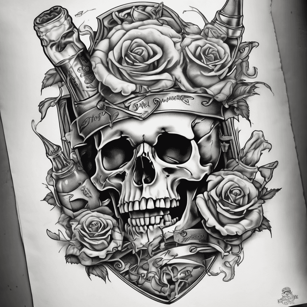 Skull that is part of a bottle with banner text: ”R.I.P Alcohol” below the skull . dagger through the skull. Dagger comes out the bottom. roses and thornes and a few rotten grapes on the sides. The skull has no bottom jaw. Teeth missing. Cracks in the skull and dagger. Banner text below the skull. Black and grey tattoo. Skull has no jaw and no teeth.