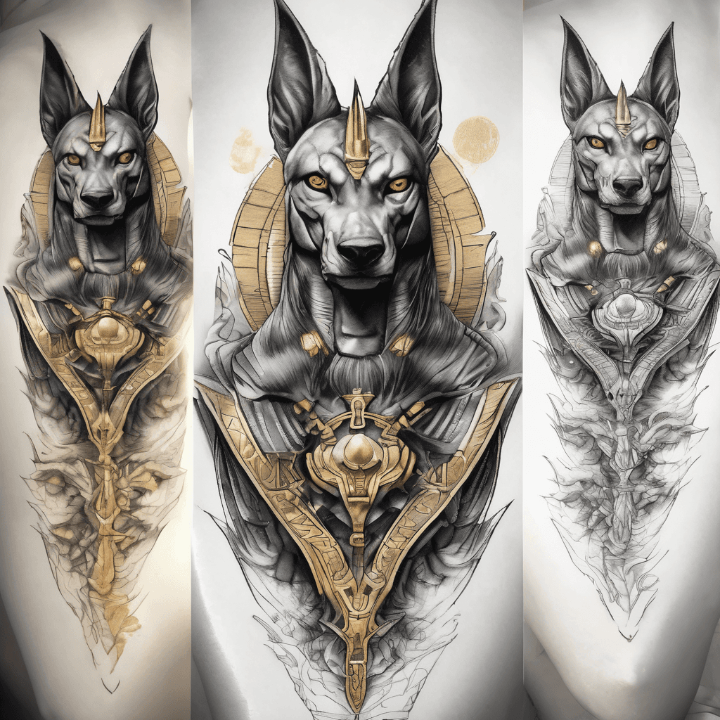 A detailed upper arm half-sleeve tattoo design featuring a split deity, half Anubis and half Ra, vertical symmetrical split, black and grey realism with selective gold accents. Left side: Anubis, the sleek black jackal god with realistic fur and sharp features. Right side: Ra, the majestic falcon god with detailed feathers and a golden sun disk headdress. The background composition is shaped to wrap around the arm, featuring a large, ancient Egyptian pyramid at the base with dramatic lighting. A stylized Ankh symbol is integrated into the center foreground, blending the two halves together. Intricate hieroglyphics and mystical smoke fill the negative space. White background, clean line work, tattoo flash sheet style, high contrast, hyper-detailed