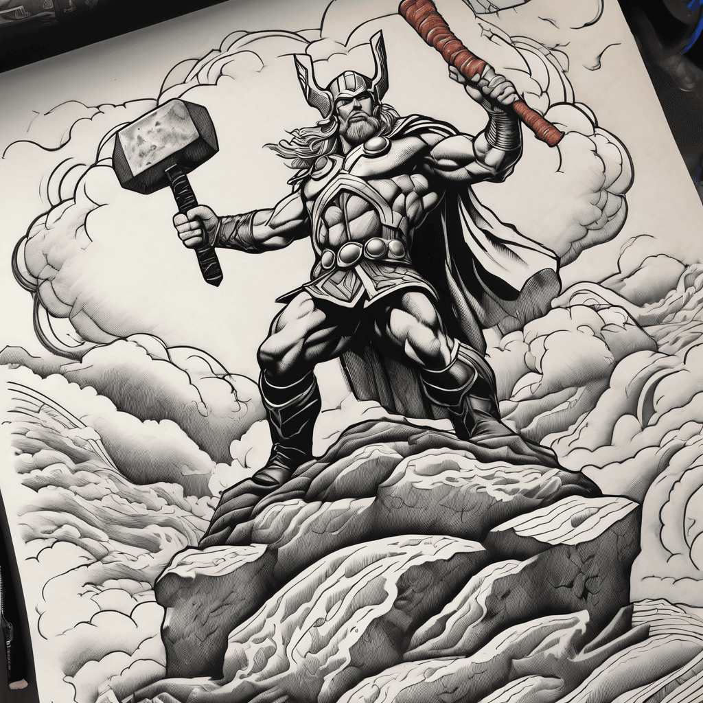 Thor standing on a rock with his hammer above his head lightning and clouds in the back ground with waves crashing against the rock.