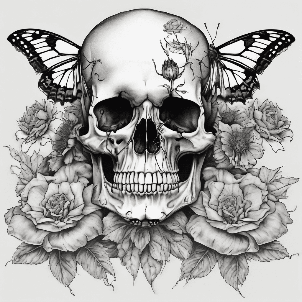 I want it to be an upside down skull, with death flowers, a rose and dahlias blooming from it and petals wilting, I want the flowers to kind of attach itself to the skull with spider webs and I want a moth emerging from a cocoon that hanging from the flowers and another moth on the skull by the eye and a little bit of rancid nectar flowing off the flowers and down the skull that wells up in the eye sockets forming tears the skull has no bottom jaw and the moth is drinking the nectar from the eye