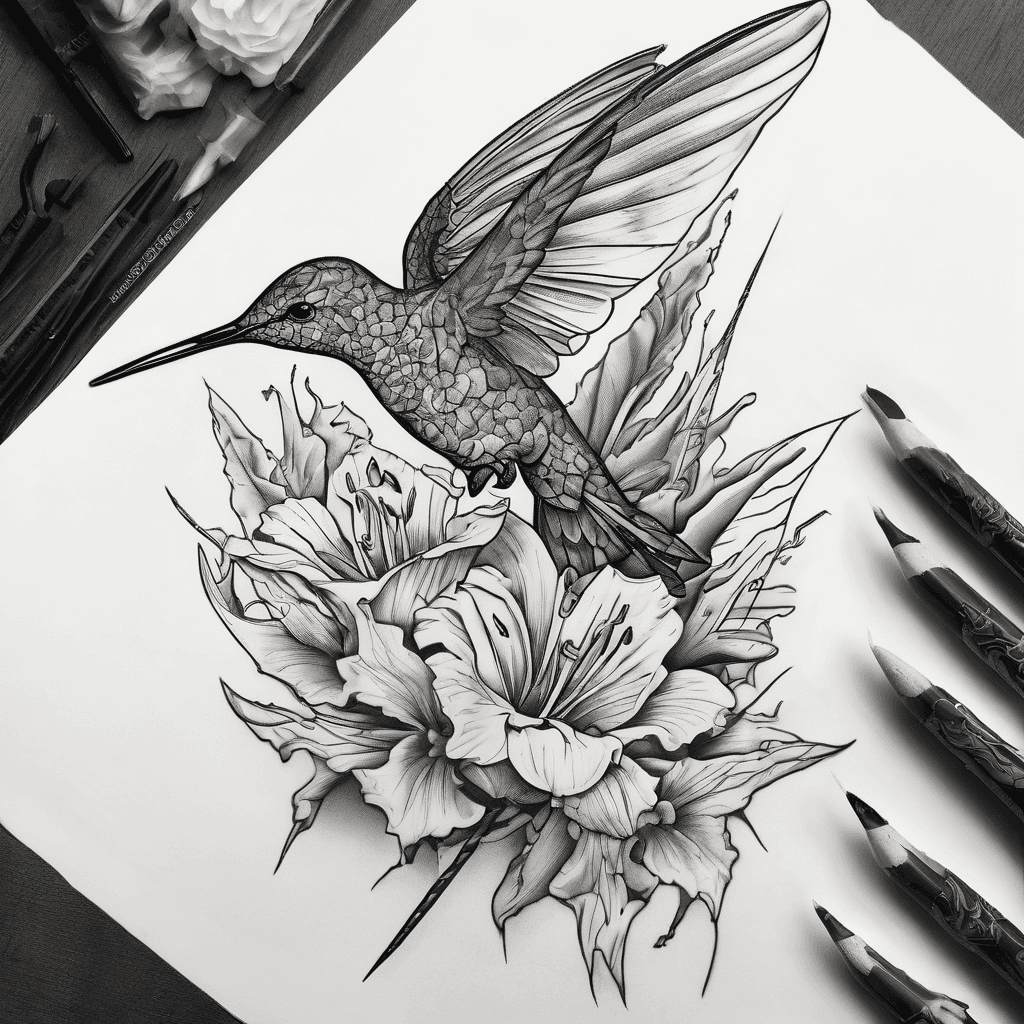 HUMMINGBIRD, DRAGON FLY, BIRDS OF PARADISE, WITH WORDS IT'S FINE, I'M FINE, EVERYTHING IS FINE, WITH A DARK FEEL