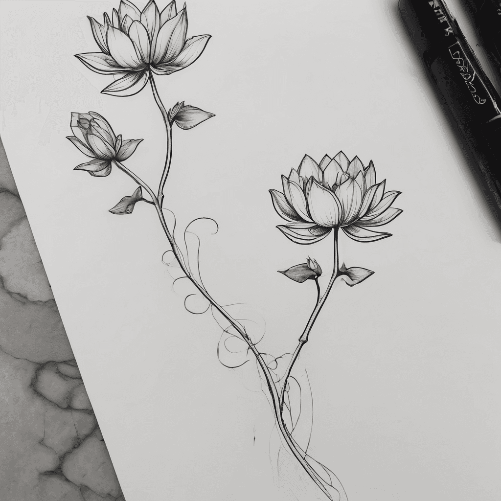 Single-line minimalist spine tattoo, vertical, all black ink, no shading. At the top, a tiny lotus flower with 3 delicate petals opening upward (representing spiritual growth). The stem flows down into two solid, unbroken tiny circles side-by-side (your two living daughters — whole, present, continuous). Just below them, one single open circle (your son — whole, but in a different realm, eternal). The stem continues into three subtle wavy lines at the base (Jamaican coastline), with three tiny stars scattered between the waves (representing "Out of Many, One People"). Total length 3 inches, delicate 1pt line weight, negative space, centered on spine, white background --ar 2:3