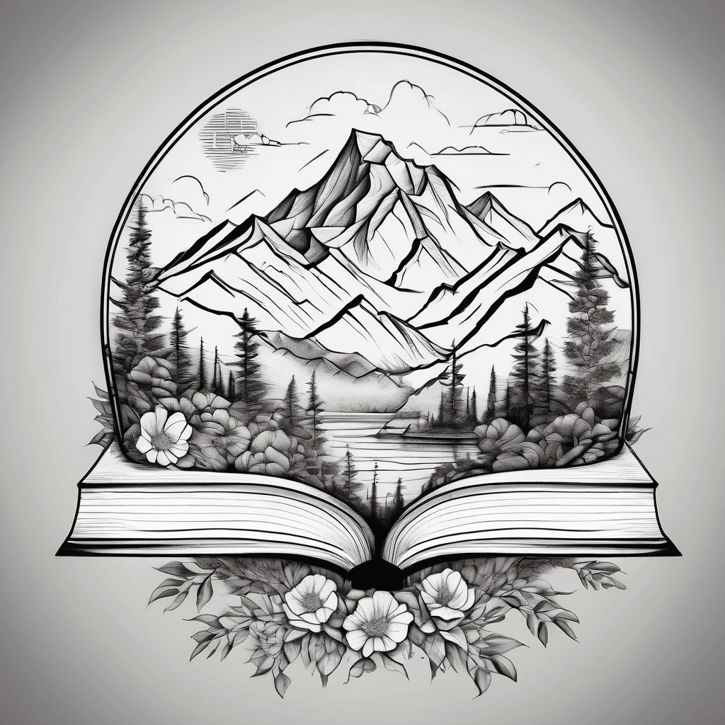 Minimalist mountain landscape with floral accents and a book stack and a geometric outline using fine lines