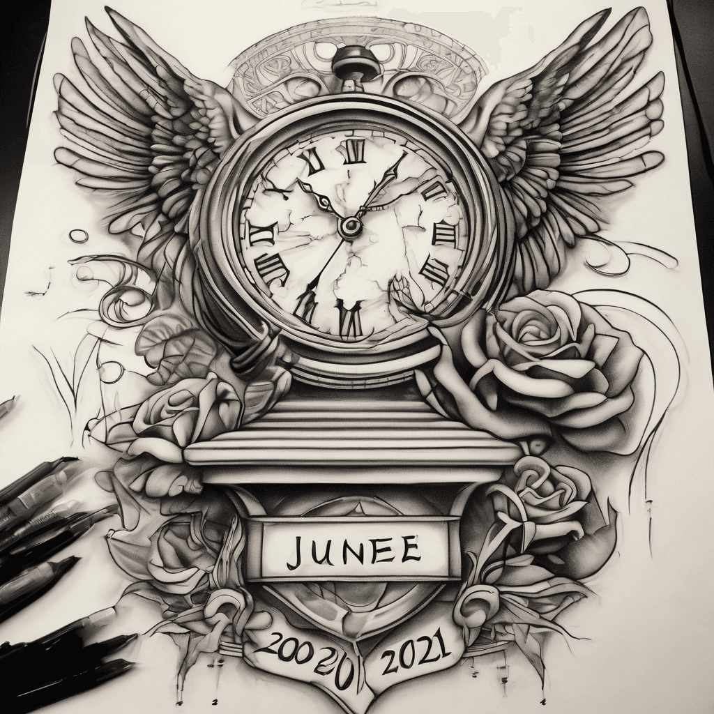 tattoo creation with calendar page with the date june 20th 2026 intertwined with a clock with angel wings as the hands of the clock and the time showing as 2:15pm. Also add an hourglass with the sand almost gone symbolizing time is up. Incororate the word Mom in the design. Make it color, medium size no roses or flowers or any extra details