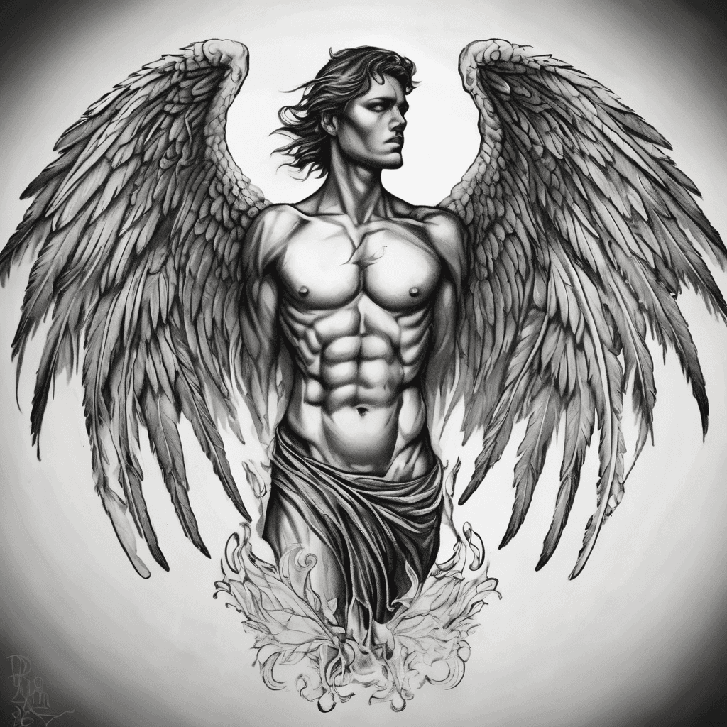 I want a realistic angel wings back tattoo for men. I want it to be very very unique and for the colors to mainly be black, dark grey, and have some slight vibrant color.