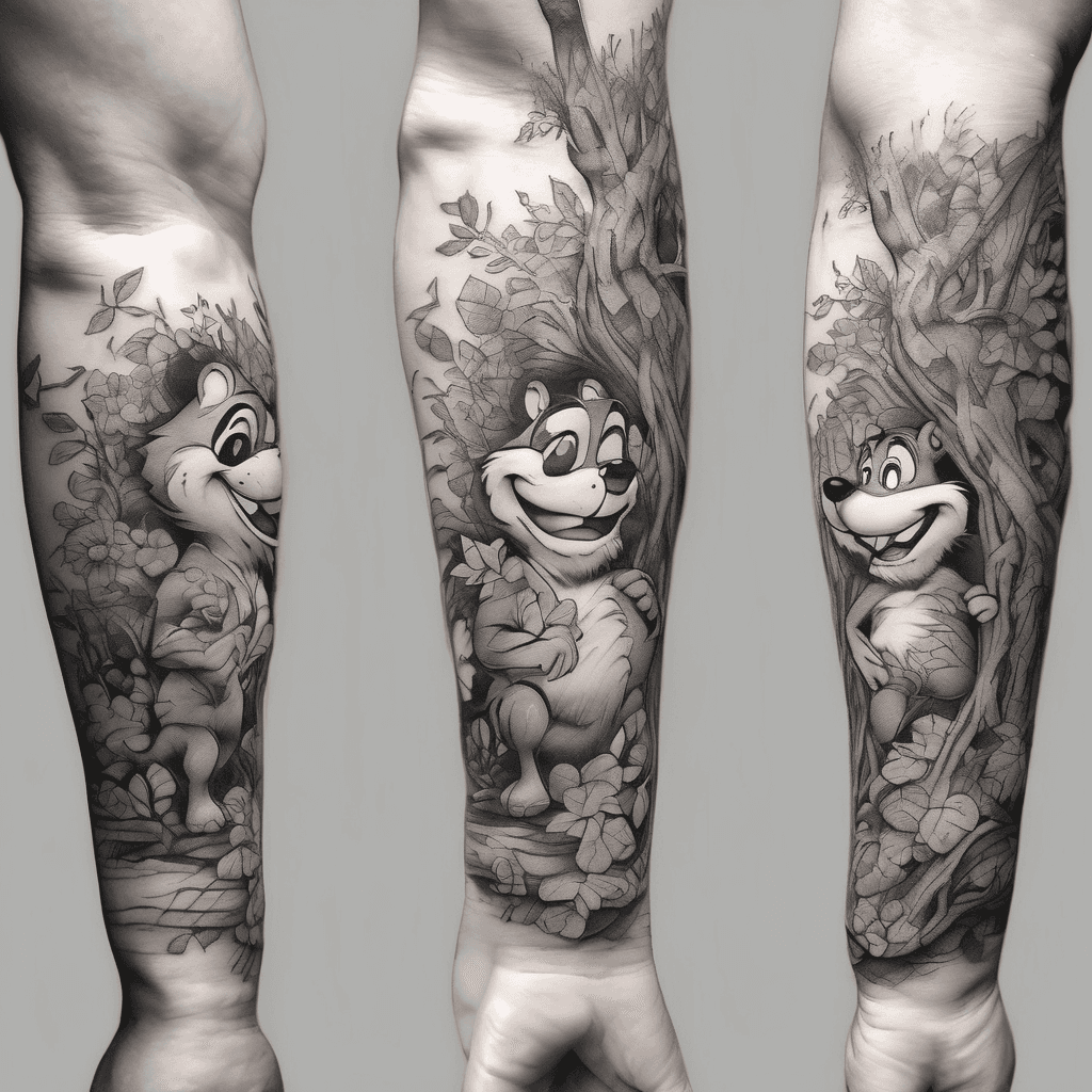 Chip and Dale Winnie the pooh tigger and figment in a lower arm sleeve pulled together with some magical tree branches? Chip and Dale already exist on inside forearm