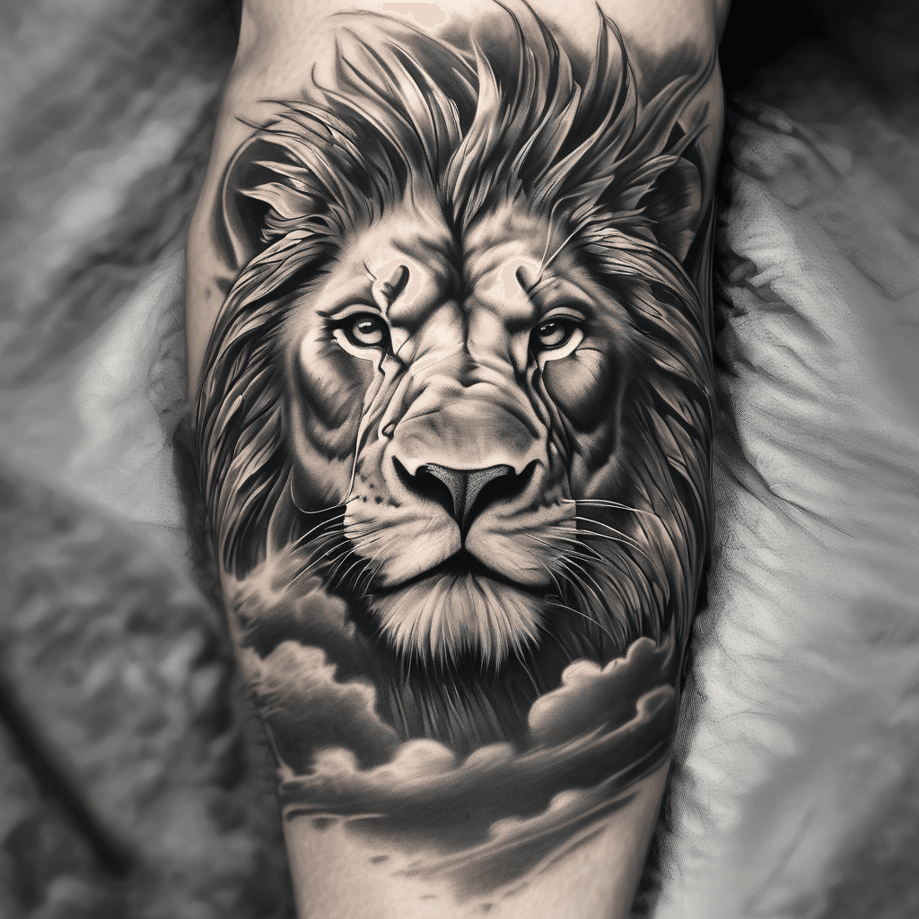 A black and grey realism tattoo design for an inner arm sleeve. The upper arm features a majestic lion's head emerging from dark dramatic storm clouds. God rays and bright sunbeams break through the clouds, matching the light source of an eagle tattoo. The design transitions smoothly down the mid-arm into a dark, foggy pine tree forest with realistic shading. High contrast blackwork, clean skin breaks, no color, designed specifically as a tattoo template.