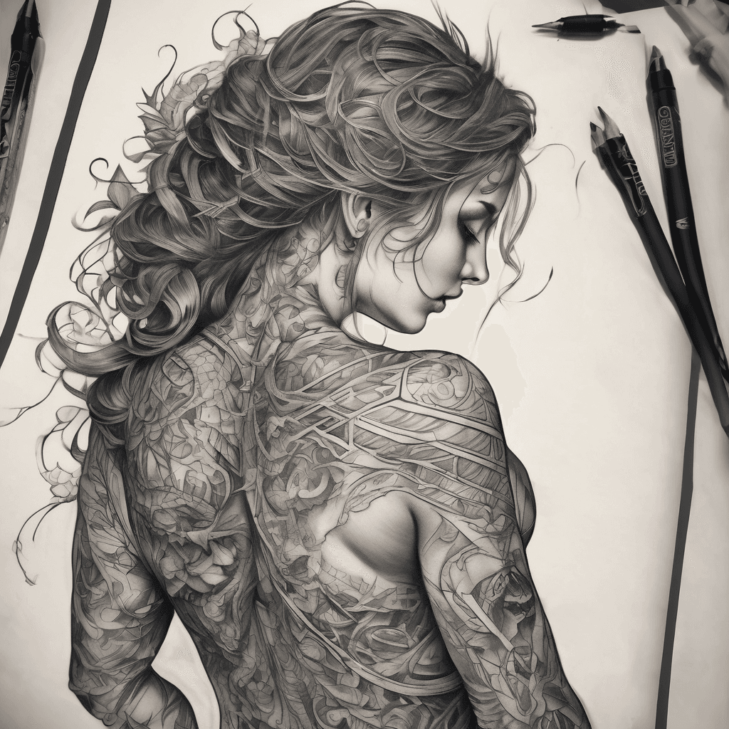Design the composition for a large, elegant, mystical dark-fantasy back tattoo. Leave approximately 20–30% of the skin visible, distributed naturally. The night sky occupies the upper third, extending from the top of the trapezius muscles down to the thoracolumbar junction. A female figure takes up almost the entire right half of the back. The owl, full moon, and open grimoire are clustered higher up on the left side. The lower-left quarter is reserved primarily for fading smoke and a fragmentary scene to be added later. The composition is balanced, vertical, and airy, avoiding a solid "wall of ink" effect.