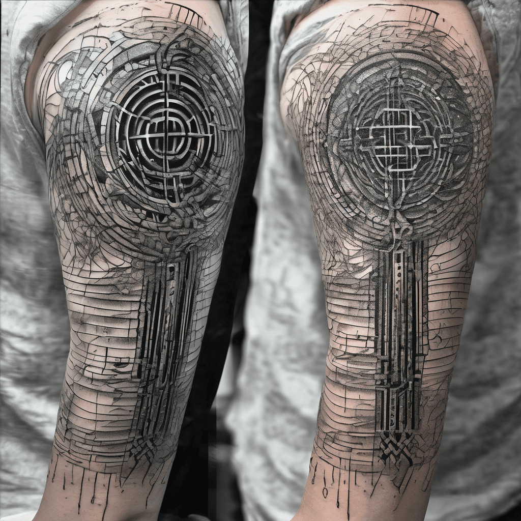 A dark, intricate full tattoo sleeve design starting from a geometric Celtic knot on the forearm. The forearm lines slowly dissolve and glitch out into vertical digital rain code columns, mimicking a simulation reality matrix. The elbow area features a heavy, warped, liquid-black wormhole portal symbolizing space-time distortion. On the upper bicep, incorporate ancient civilization mysticism with a large illustration of the Hermetic Emerald Tablet, featuring the sun, moon, and sacred geometry matrices like Metatron's Cube. Woven seamlessly throughout the piece is the sharp gothic text 'Sic Mundus Creatus Est' and 'Der Anfang ist die Ende'. High-contrast blackwork, dark dotwork shading, surrealism tattoo style, sharp linework."
