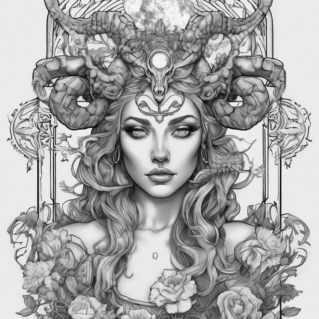 Create a realistic mystical tarot card tattoo design titled “The Aries Queen of Fire.” Feature a powerful feminine Aries figure with ram horns, flowing hair, and a fierce gaze. Surround her with celestial flames, Aries constellation, Mars symbol, moon phases, phoenix wings, wildflowers growing through cracked stone, serpent, key, compass, and hidden paw print. Add ornate antique tarot borders with gothic celestial details. Black and grey realism, fine line engraving, high contrast shading, masterpiece tattoo style