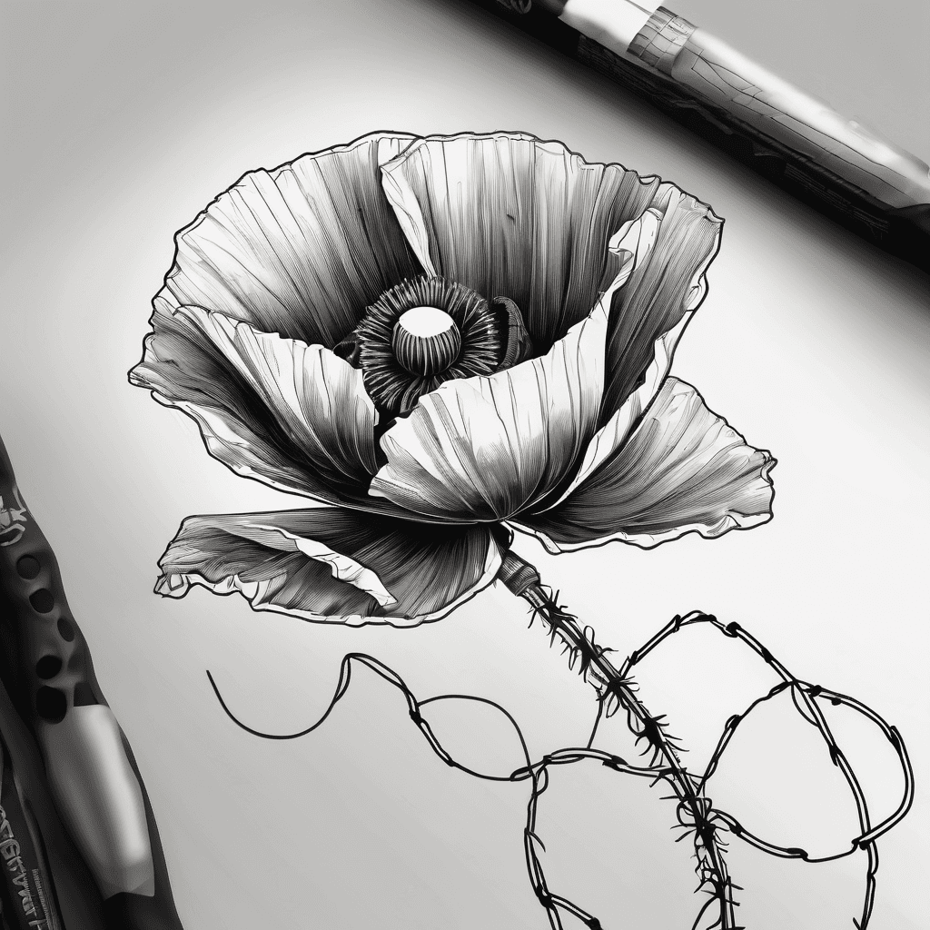 A single poppy flower with barbed wire wrapped around the stem