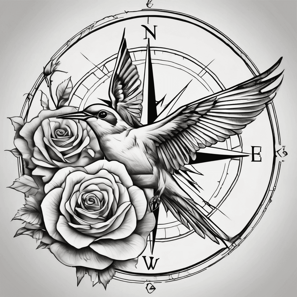 Compass design with a rose and swallow birds