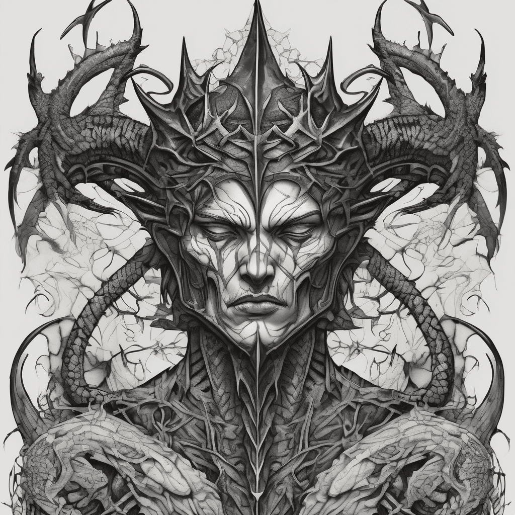 Dark fantasy tattoo design, a full sleeve extending from the neck to the elbow. High-contrast graphic style featuring woodcut and engraving techniques with solid blackwork shading. On the neck: a sharp crown of thorns, with a stylized, writhing snake slithering from behind Astaroth's wing across the shoulder and up toward the neck. On the shoulder: the powerful dark angel-demon Astaroth, possessing a sinister yet beautiful face half-hidden in shadow beneath a horned crown; one wing is tattered and feathered, while the other is leathery, like a bat's. From shoulder to elbow: Astaroth sits astride a monstrous dragon. Grim, atmospheric artwork; white background; no text or sigils.