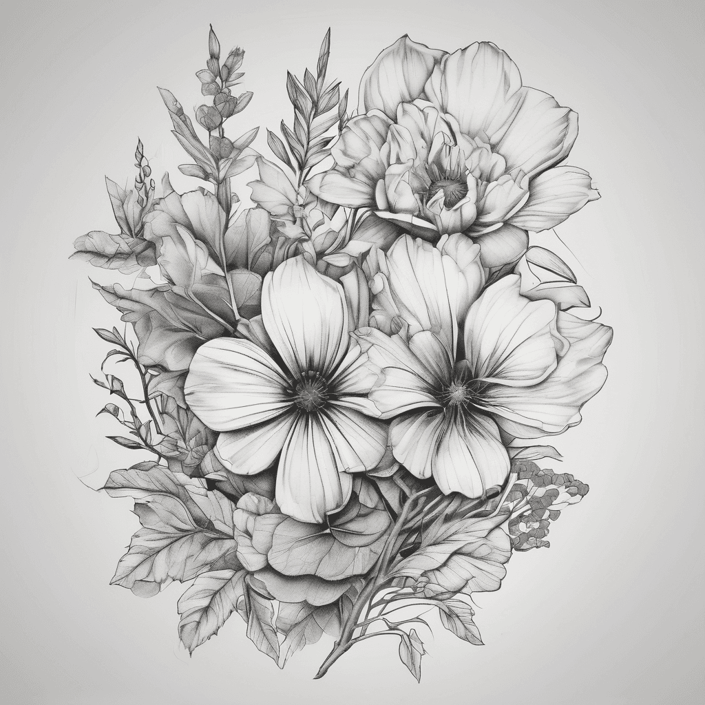 Minimalistic, flower, family tree, landscape type tattoo.
With names Tom Max and Ruby in there