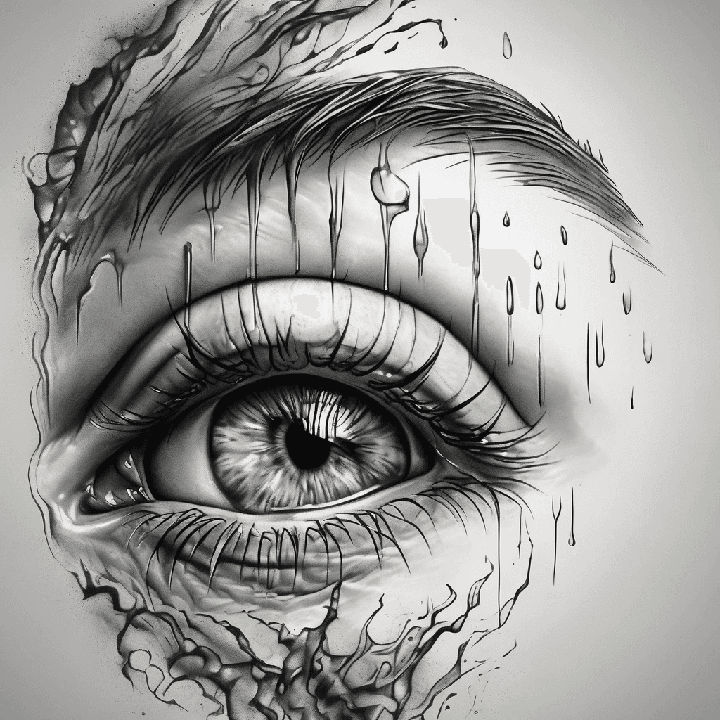 Ultra-realistic black and grey tattoo design for a forearm, isolated on a clean white background. On top, use the exact shape and expression of the sad, crying eyes from the reference image, with highly detailed realistic tears running down. Directly underneath the eyes, starting from the nose ridge, add a sharp, highly detailed, realistic porcelain mask with a dramatic smiling expression. Clean execution, smooth greywash shading, no background solid black, fine line realism.