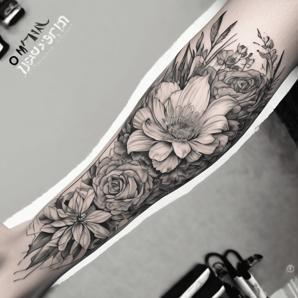 Leg sleeve with lots of flowarals and the number 13 and 7