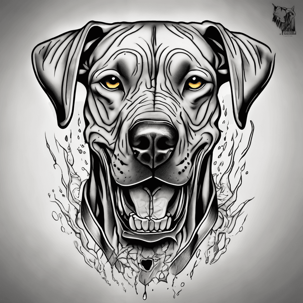 Make me a tattoo with a euro great dane with a skull in his mouth and slobber dripping down the skull