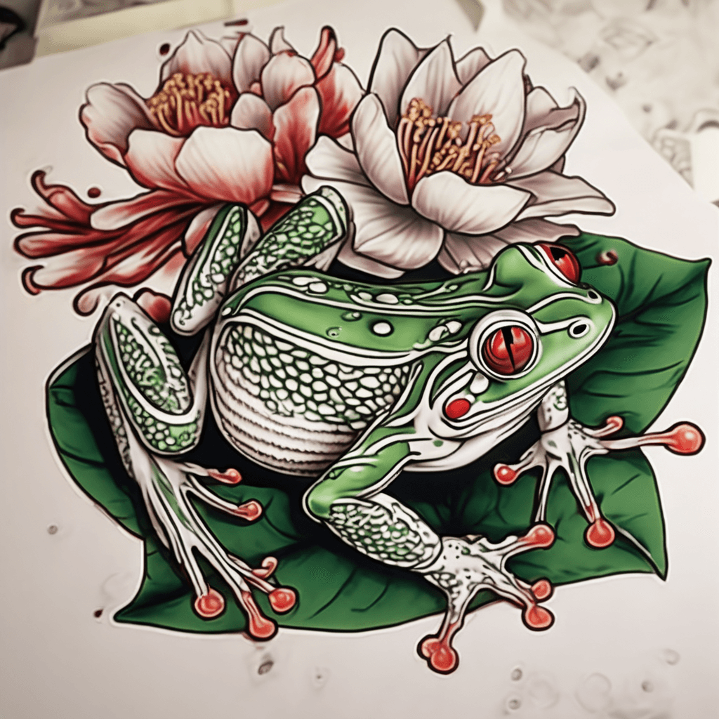 Kaeru frog traditional tatoo on a koi leaf on shoulder