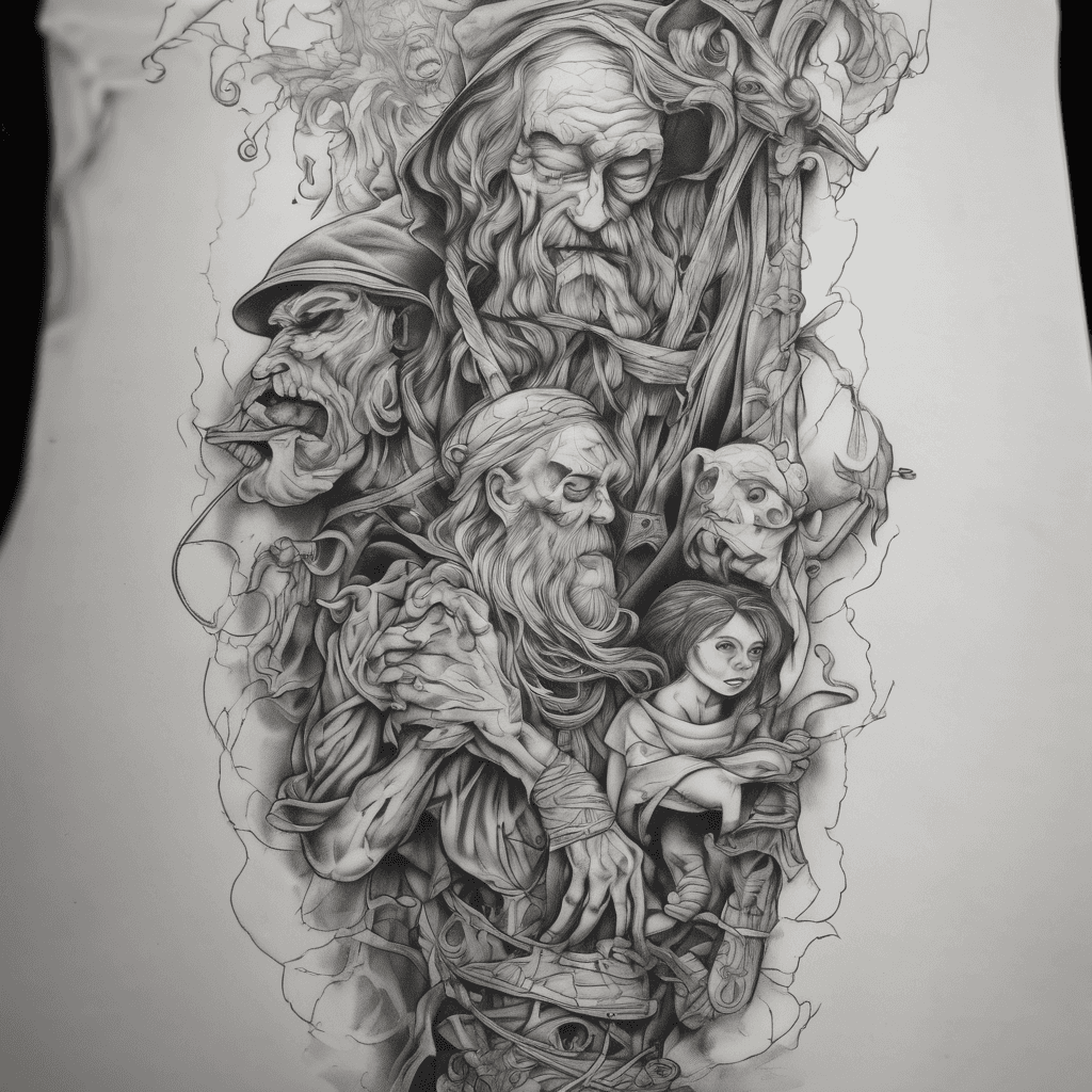 For a whole outter leg tattoo design. At the top i want a father time looking man with hollow eyes holding a puppeteer cross. I want the stings to go down. At the bottom the is a woman holding a broken mask, have the puppeteer strings attached to the mask.