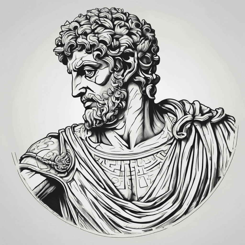 Prompt: High-contrast graphic stencil art of the Roman River God Danubius from Trajan's Column. Solid black lines on a pure white background. Sharp, clean vector contours, no gradients, no shading, minimal solid black fills. Focus on the muscular torso of the river god rising from the water, watching Roman soldiers cross a pontoon bridge. Clean line-art illustration, minimalist silhouette, ready for laser cutting. Make it smaller around the stomach/waiste and make it so that i can add columns on top