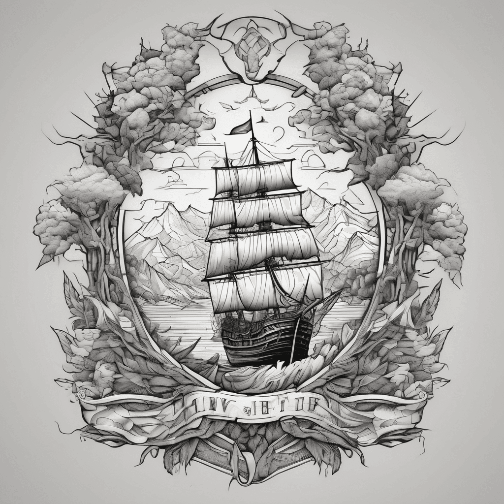 Pocahontas in front of tree,
Pirateship and mountains on the back