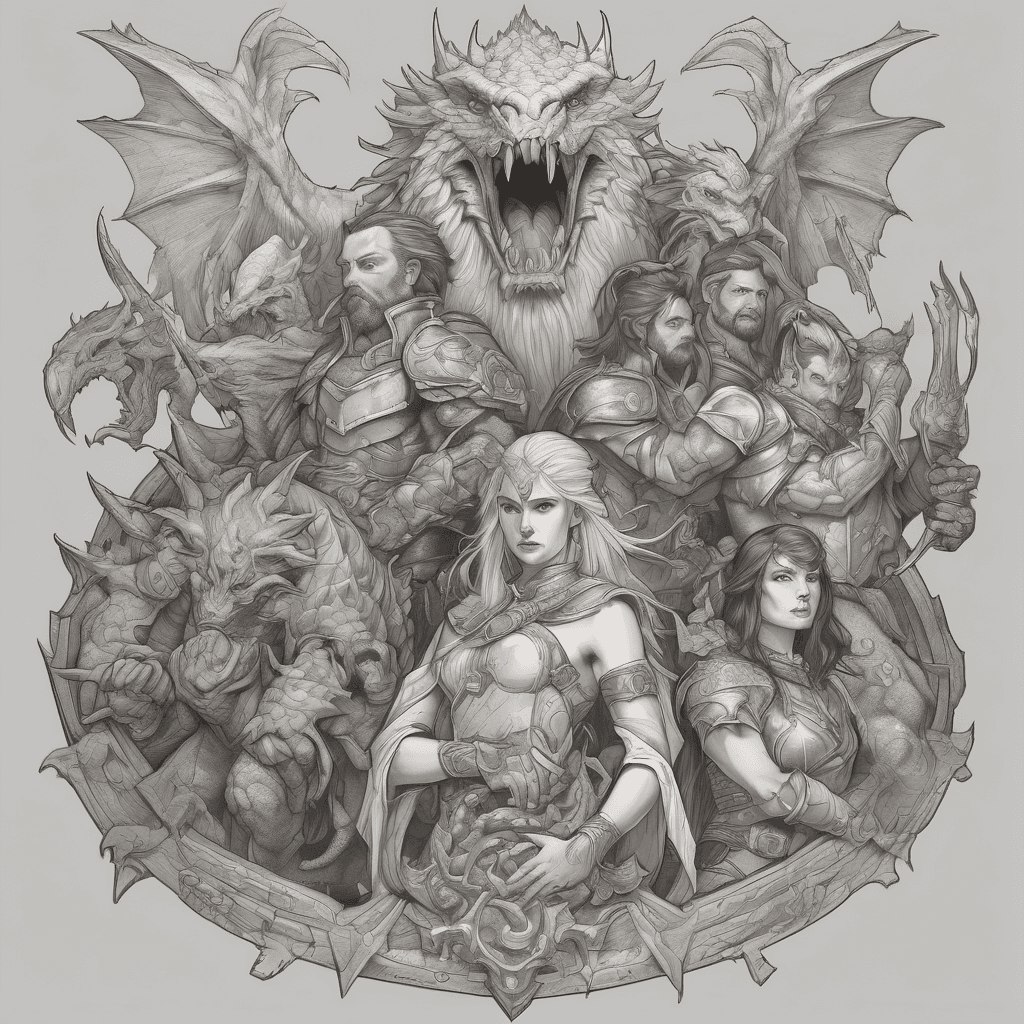 dungeons and dragons themed. Tiamat on the shoulder, with five heads. 4 noble heroes facing her to do battle. 1 dual wielding ranger, 1 fighter, 1 cleric, 1 wizard. on the back forearm have a portal with a spectator coming thru. have a mimic treasure chest on the other side of the forearm. have a d20 on the hand. add a displacer beast somewhere. a sleeve tattoo, on the right arm. all the way down to the hand.
