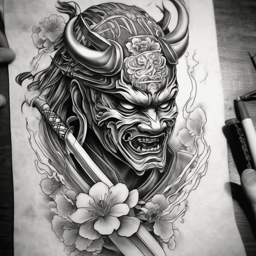 create a forearm sleeve tattoo for a man featuring a samurai mask as the main focal element. Include a katana and a gashadokuro. Add plum blossoms into the background. Fill in with wind and waves as needed to make the tattoo flow. The tattoo should be primarily black and grey with red accents