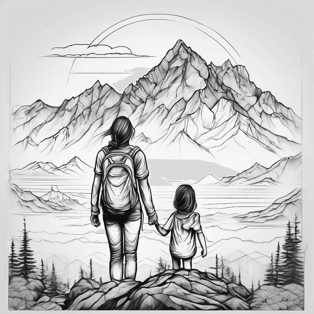 Mountain top with daughter overlooking ocean