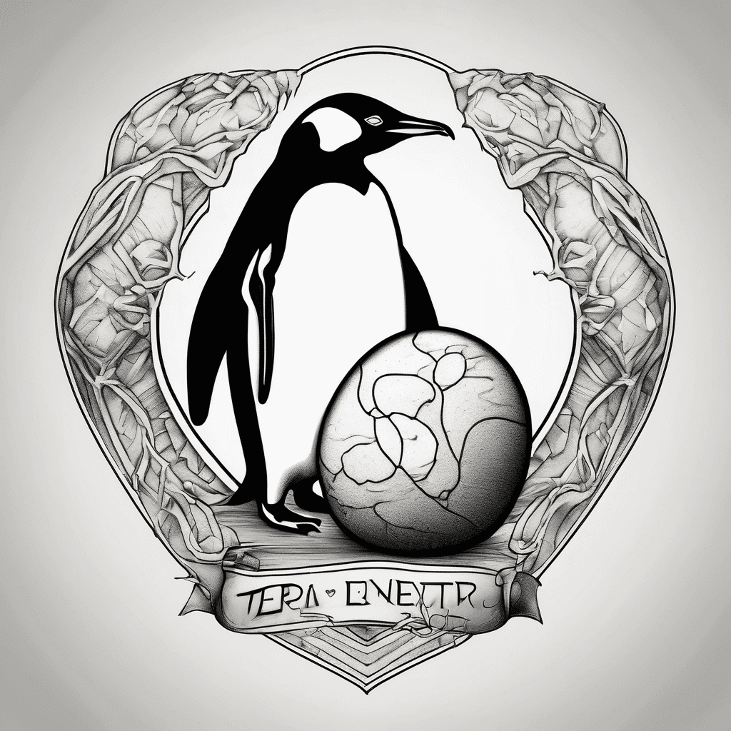 Penguin holding heart shaped rock. Forever with at top. "Terra's" in beautiful elegant lettering below