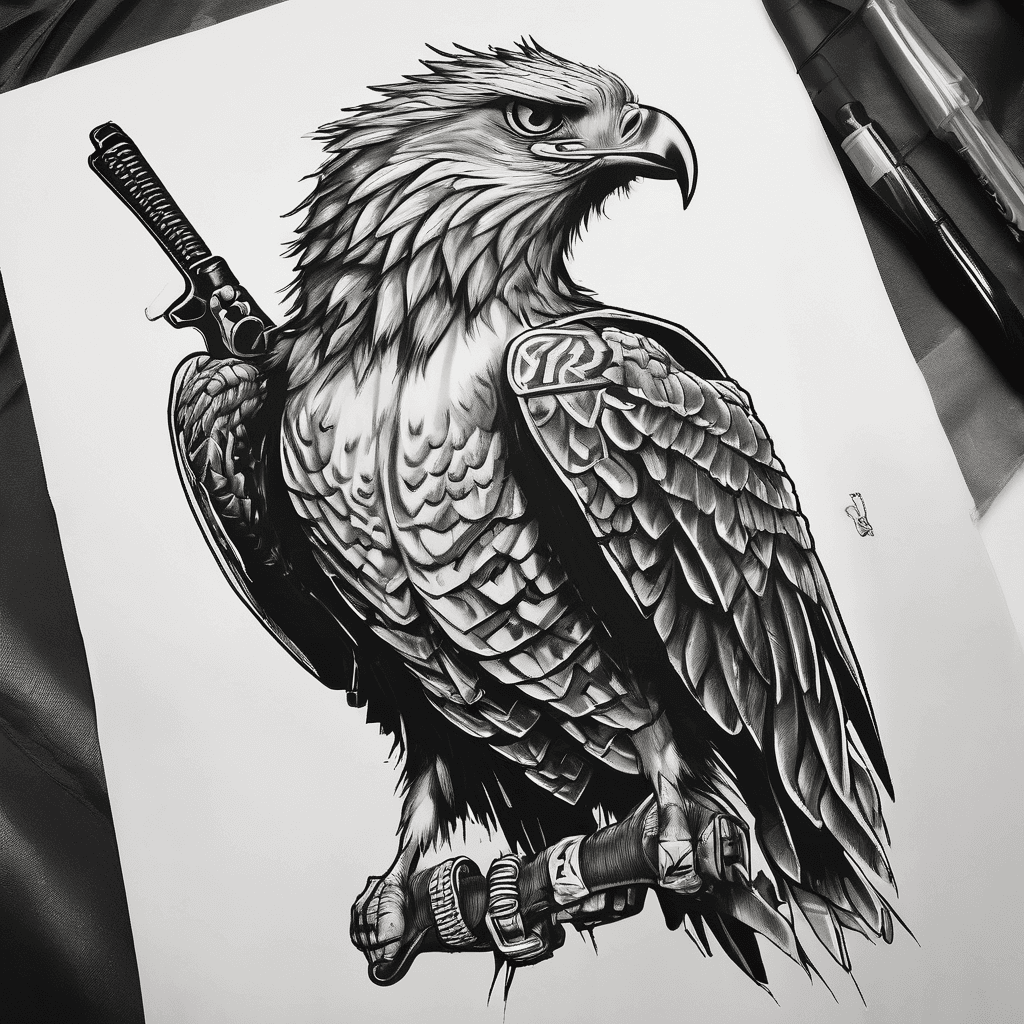 A black and white simple hawk with a Mohawk. With a crossbow around his back. On the cross bow say Ride or Die. Have a black bandana tied around the crossbow.