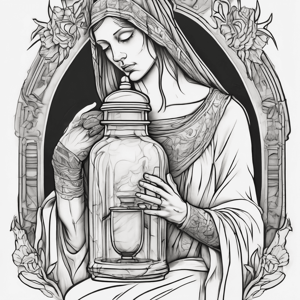 A minimalist, fine line tattoo idea mixing the concept of Mary of Bethany with the alabaster jar and the woman with the issue of blood touching the hem of Jesus’s garment
