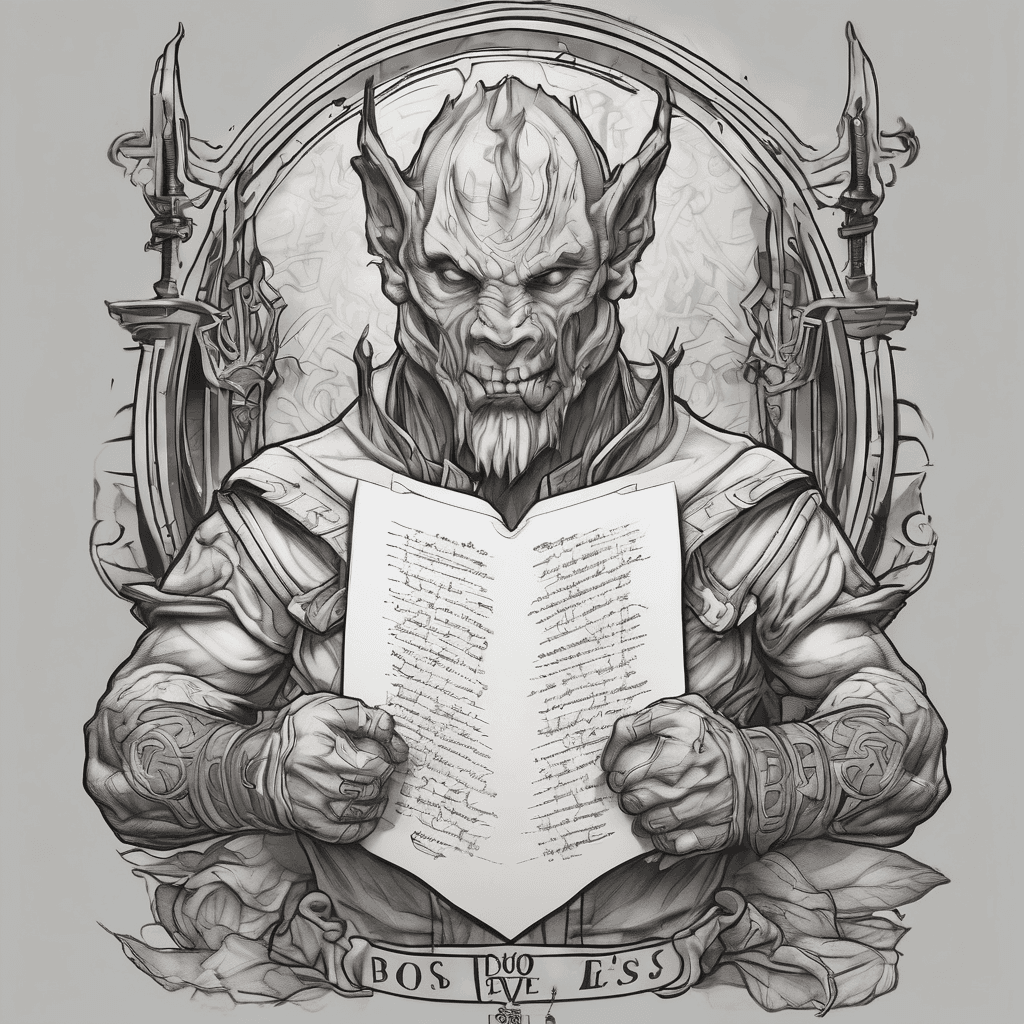 Boo from Baldur's Gate 3 with Minsc's tattoo, holding a parchment-colored sign that says "Go for the eyes, Boo!" in stylized crayon. This tattoo will be on the inner forearm.