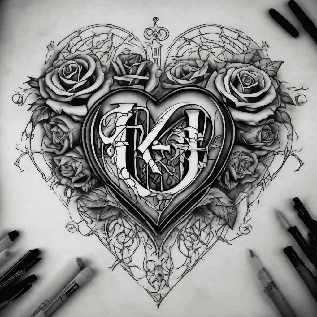 Put a gothic bold font of ZMV with roman numberals of XII-I-XXIII inside of a heart and add roses and thorns around it in a blackwork style stencil