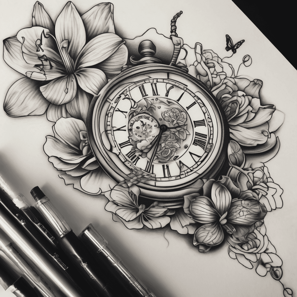 Old watch stuck in time on 3:08pm, catleyas, orchids, lotus flowers, butterflies, and some tribal; symbol of love, strength, unity; lower arm half sleeve on a woman