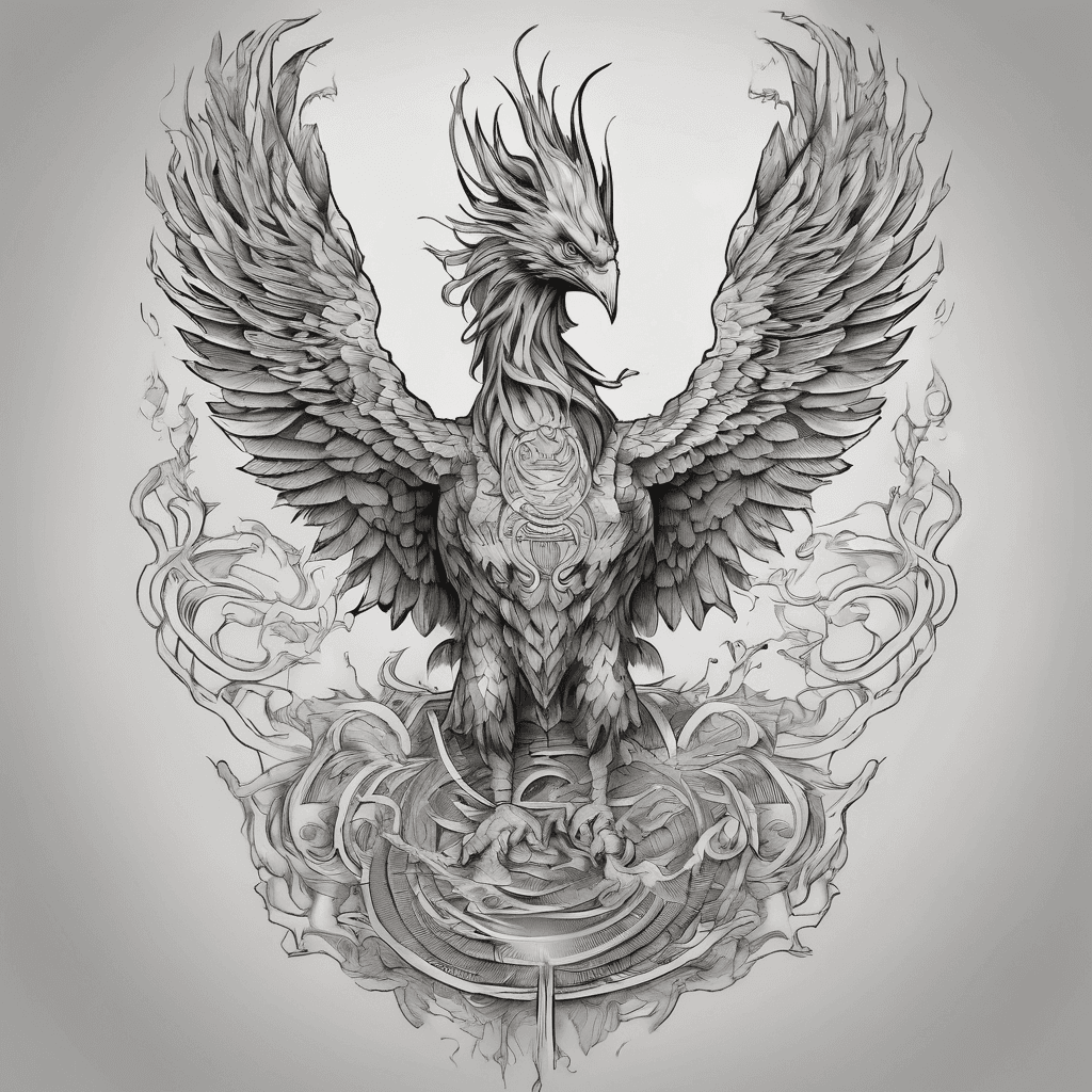 A rising phoenix front facing with a face of complete angry. With a scroll in its feet that read three words in this order serenity, courage and wisdom. The writing can be small