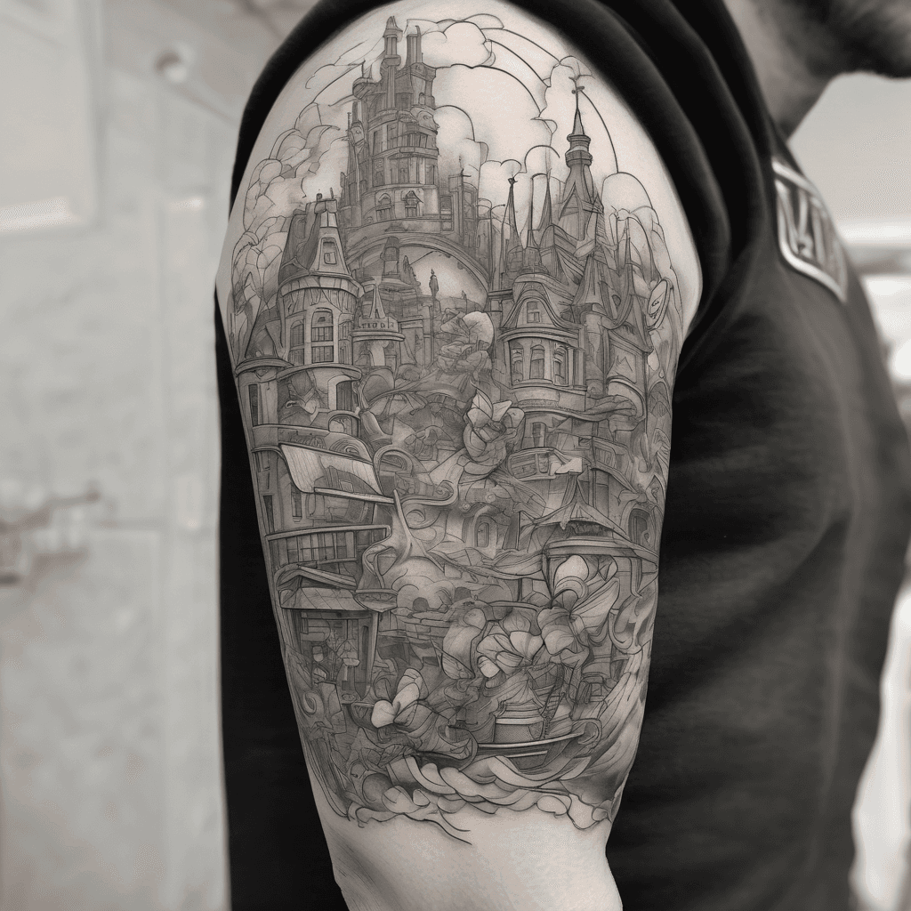 Right arm sleeve starting on chest, consisting of a mix of Disney and universal characters, rides and buildings