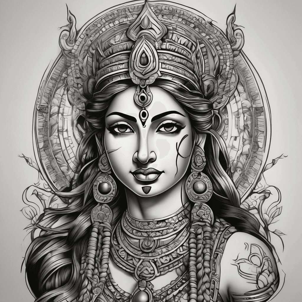 The Hindu Goddess Parvati in American traditional style for the forearm around 18cm by 8cm. Longer than wider.